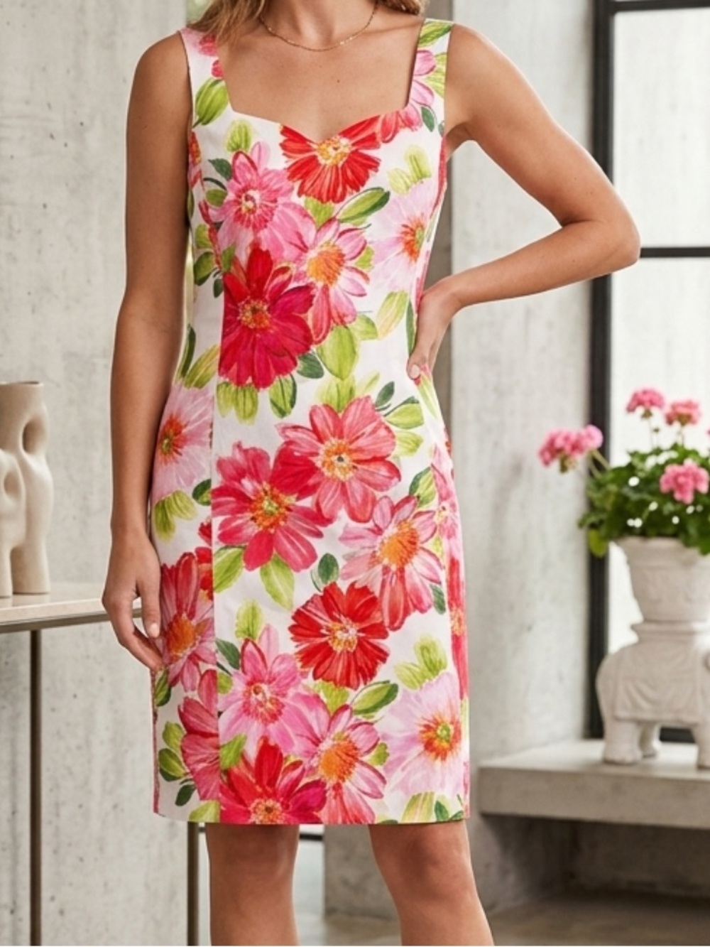 Vintage Silk Floral Mini Dress Pink Orange Sheath Dress